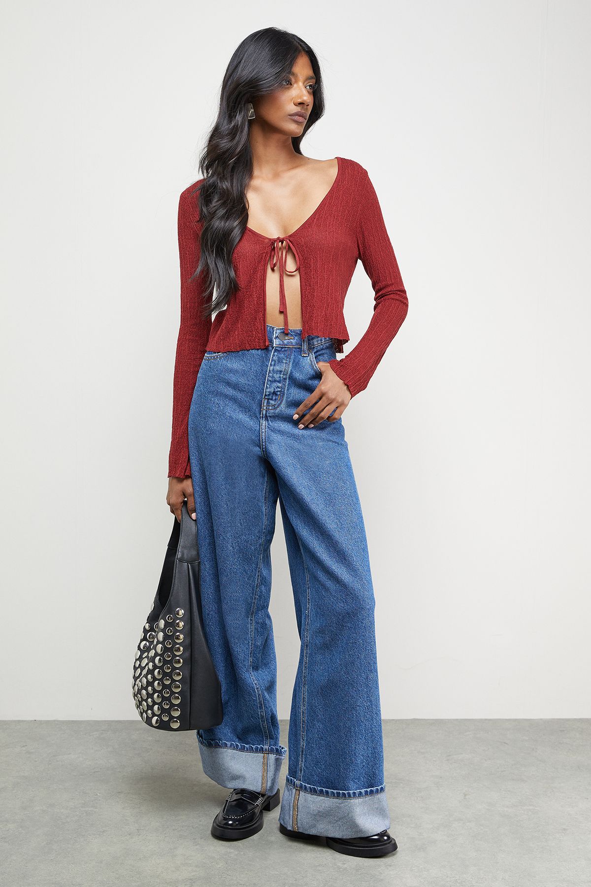 Warehouse Burgundy Crinkle Sheer Tie Detail Cardigan