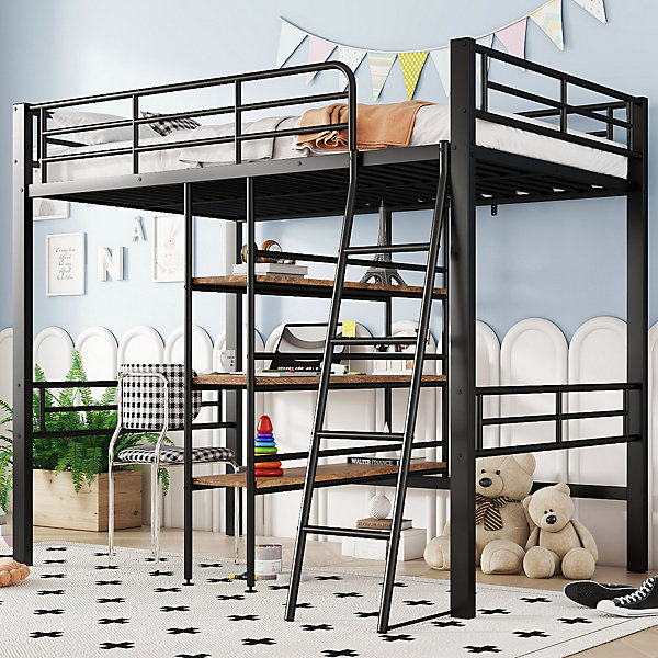 Lit Mezzanine 90x200 cm - Lit Simple avec Bureau en L, Garde-Corps et échelle, Sans Matelas - Métal Noir