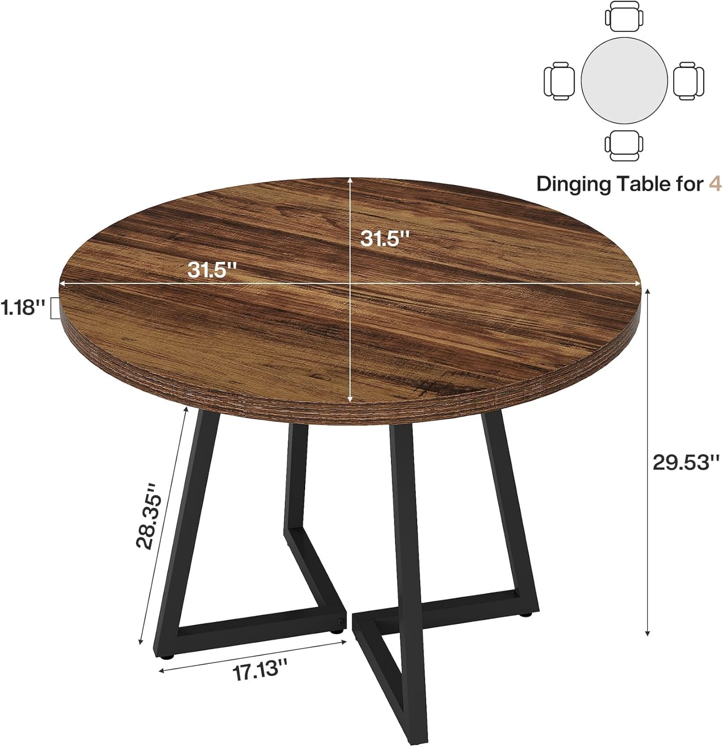 Tribesigns Round Dining Table for 2, 31.5 Industrial Kitchen Table with Metal Base, Small Table for Dining Room, Small Space, Apartment, Office, Restaurant, Rustic Brown & Black