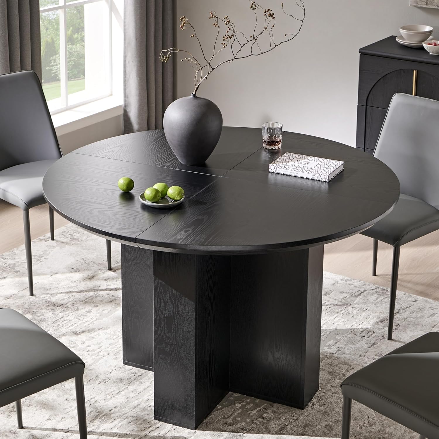 OKD 47 Inch Modern Wood Round Dining Table for 4, Dining Room Table with Stable Cross Pedestal Base & Thick Tabletop, Sturdy Circle Kitchen Table for Dinner Room, Kitchen, Nook, Black Oak