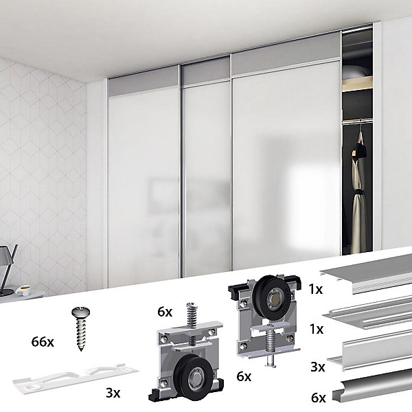Kit SLID'UP 210 aluminium anodisé naturel pour 3 portes de placard coulissantes 16 mm - rail 2,7 m - 70 kg