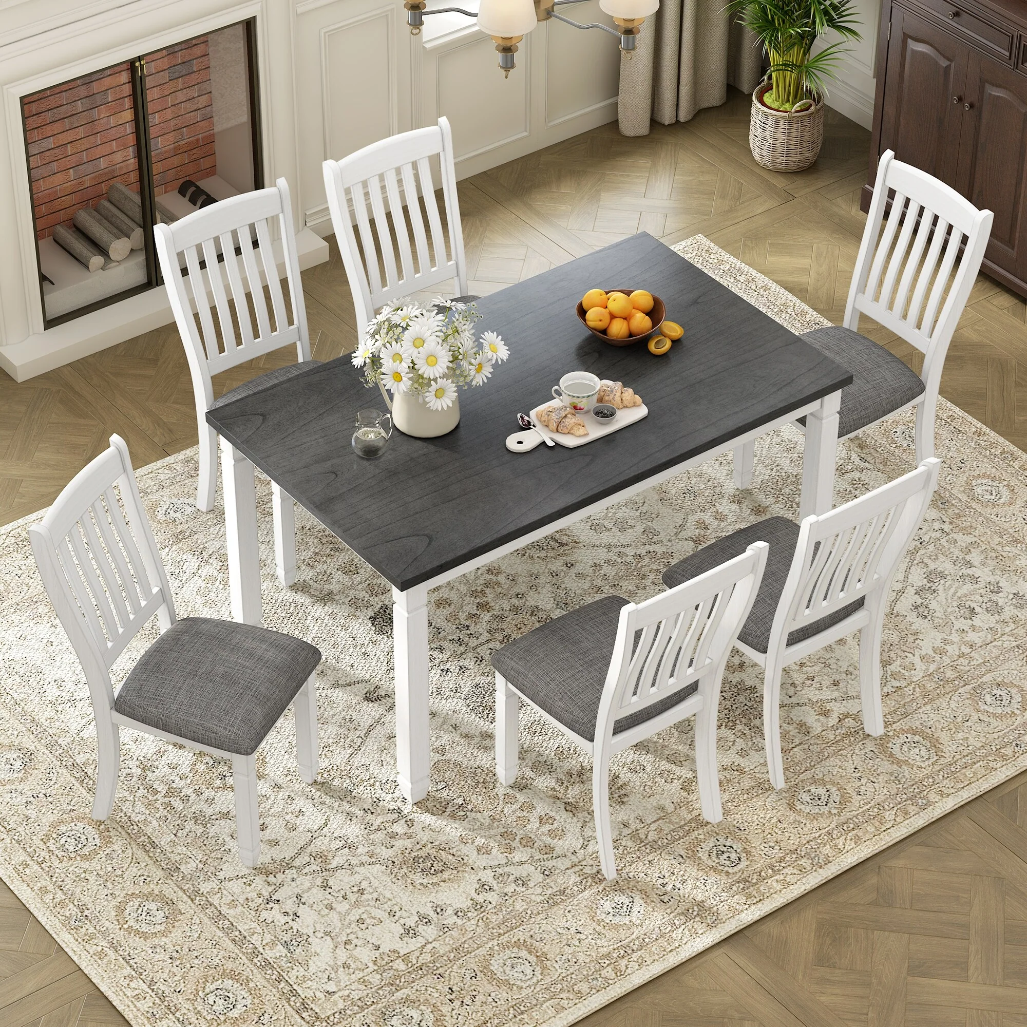 7-Piece Dining Table Set Kitchen Table Set with Wood Texture Table & Upholstered Chairs, Grooved Legs