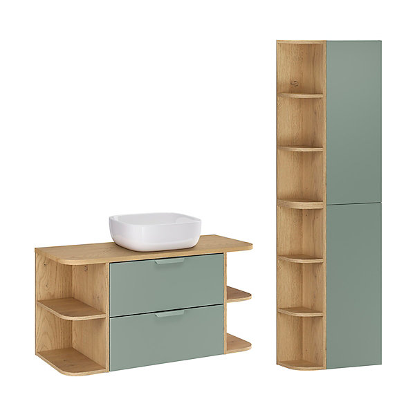 Ensemble meuble simple vasque 100cm niches arrondies et colonne Oria Vert mat