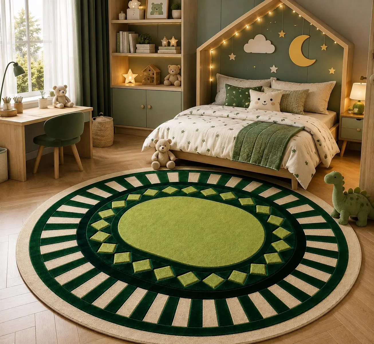 Hand-Tufted Wool Round Medallion Rug, Emerald Green Geometric Design (Fia Carpets)