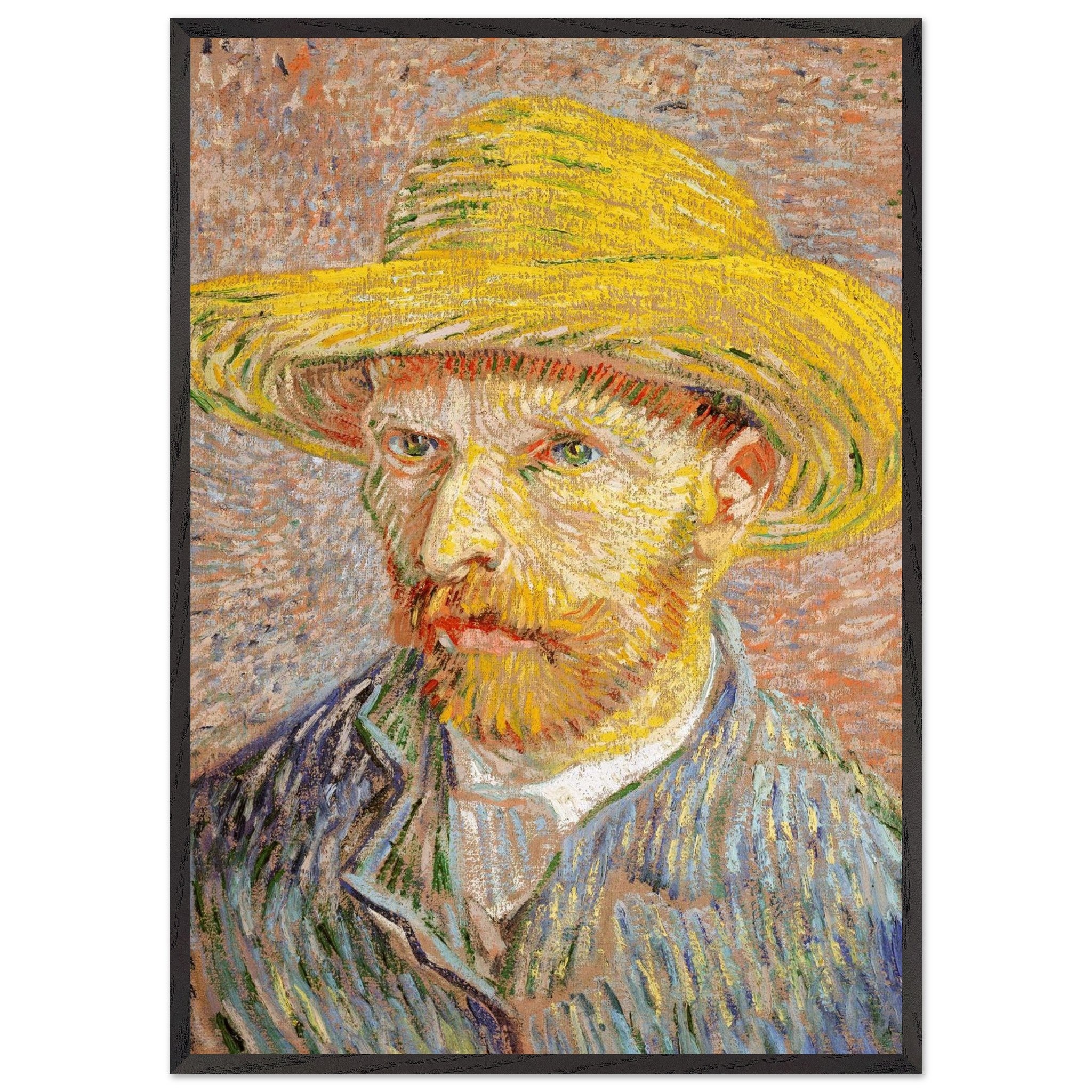 Artfulprints Poster met Lijst Vincent van Gogh - Zelfportret met strohoed  - 70x100 cm - Oranje