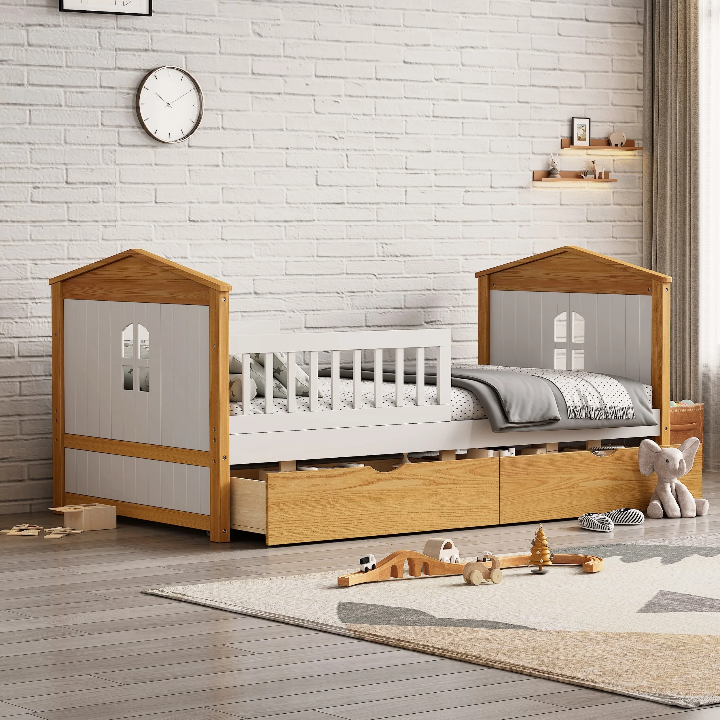 Twin House Bed with Storage Drawers and Fence Guardrails - Playful Design