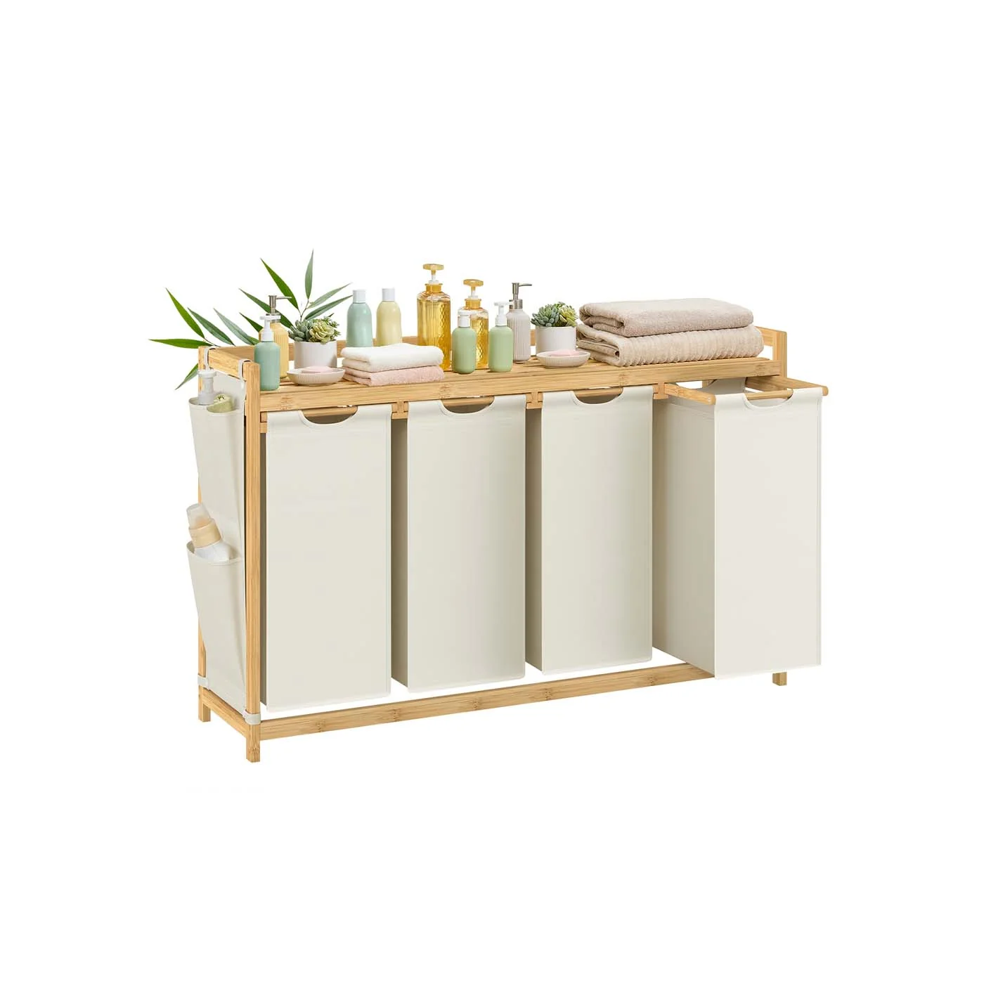 Panier à linge multicompartiments avec étagère et poches latérales