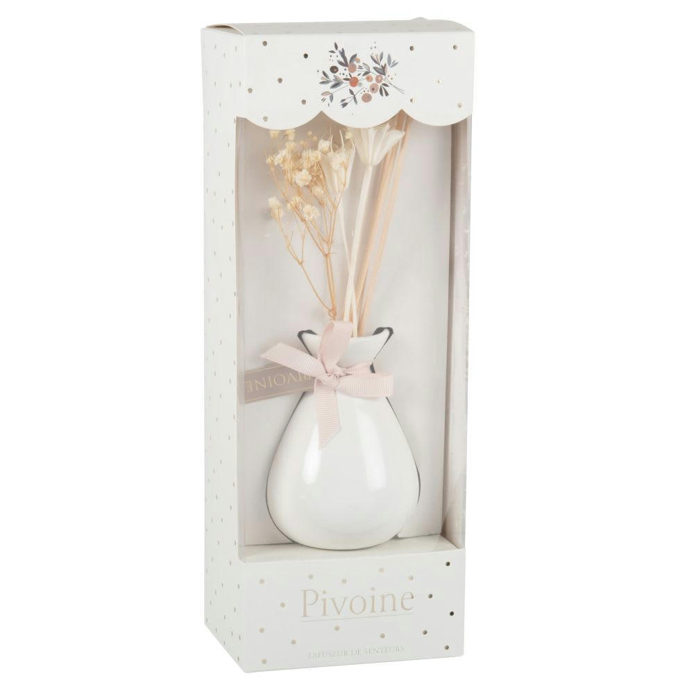 - Diffuseur en verre blanc, beige, doré et bleu parfum pivoine 100ML