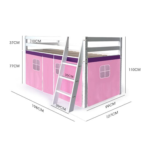 NNEMB Wooden Kids Single Loft Bed Frame-Hiding Space Underneath with Interchangeable Pink and Blue Curtains