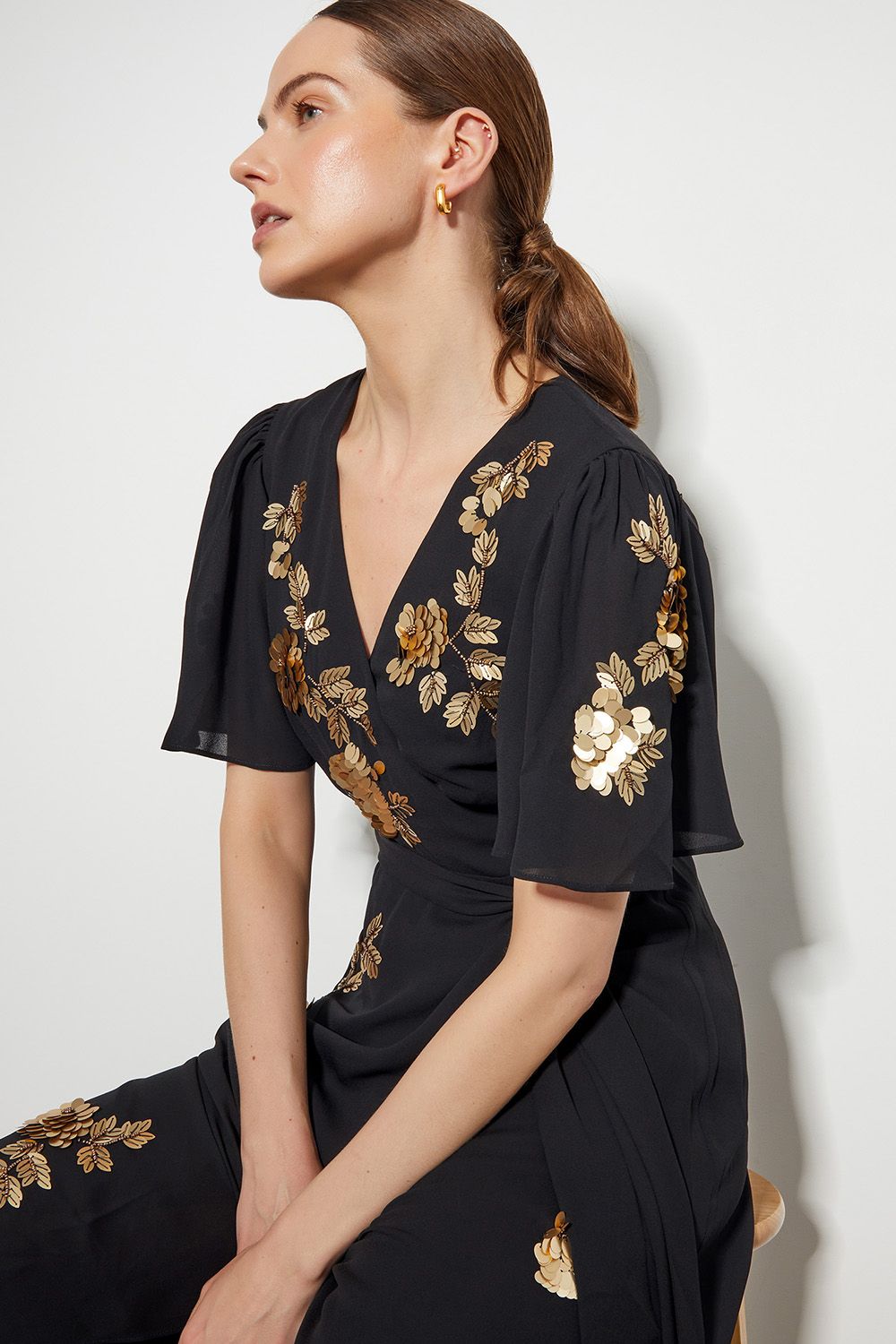 Monsoon Sarah Sequin Floral Midi Wrap Dress Black