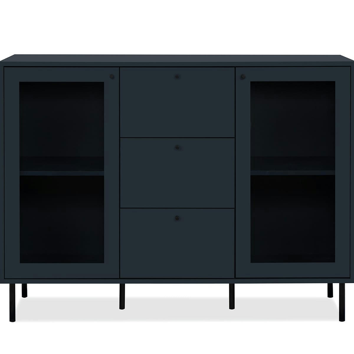 AGATA - Buffet 2 portes vitrées 3 tiroirs bleu nuit 120 cm