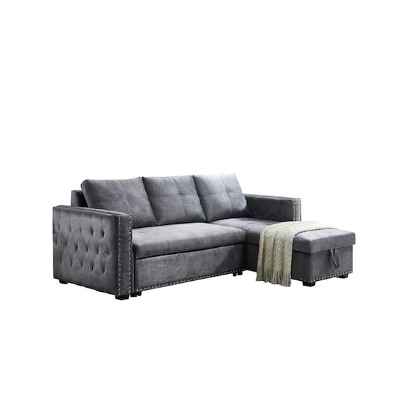 Reversible 90.5in. Gray Velvet Sleeper Sectional Sofa L-Shape 3 Seat Sectional Couch with Storage