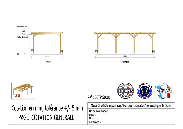 Carport toit plat 500cmx800cm bois DOUGLAS français (charpente - auvent - abri camping-car). 40 m². Garantie 10 ans.
