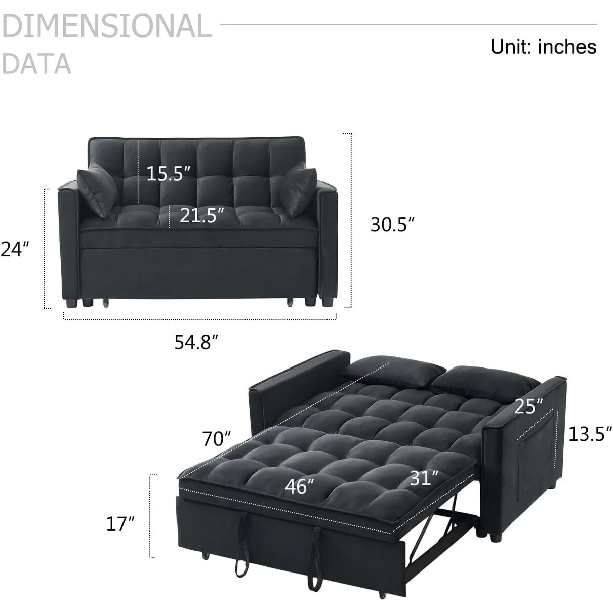 3-in-1 Velvet Sleeper Sofa Bed - Pull Out Couch with Adjustable Backrest, Armrests & Storage Pockets for Living Room