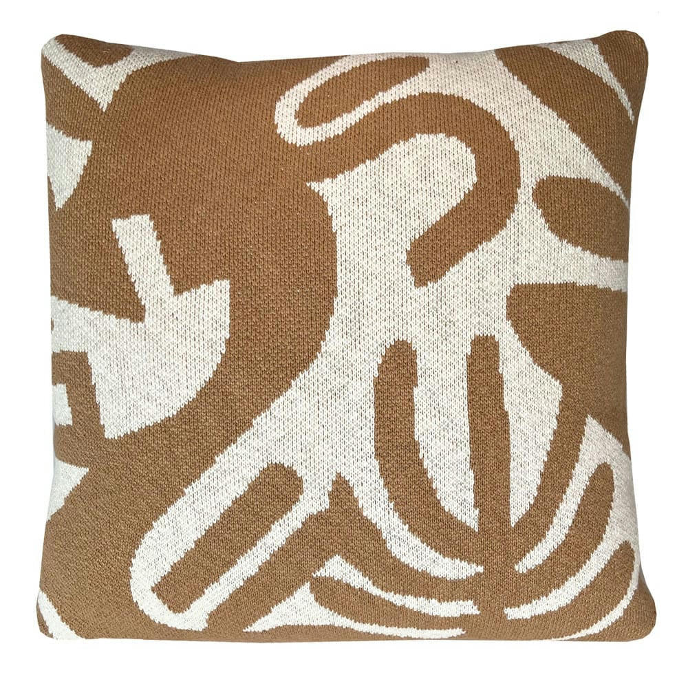 TRICOTÉ - Coussin tricot fleuri caramel 50x50