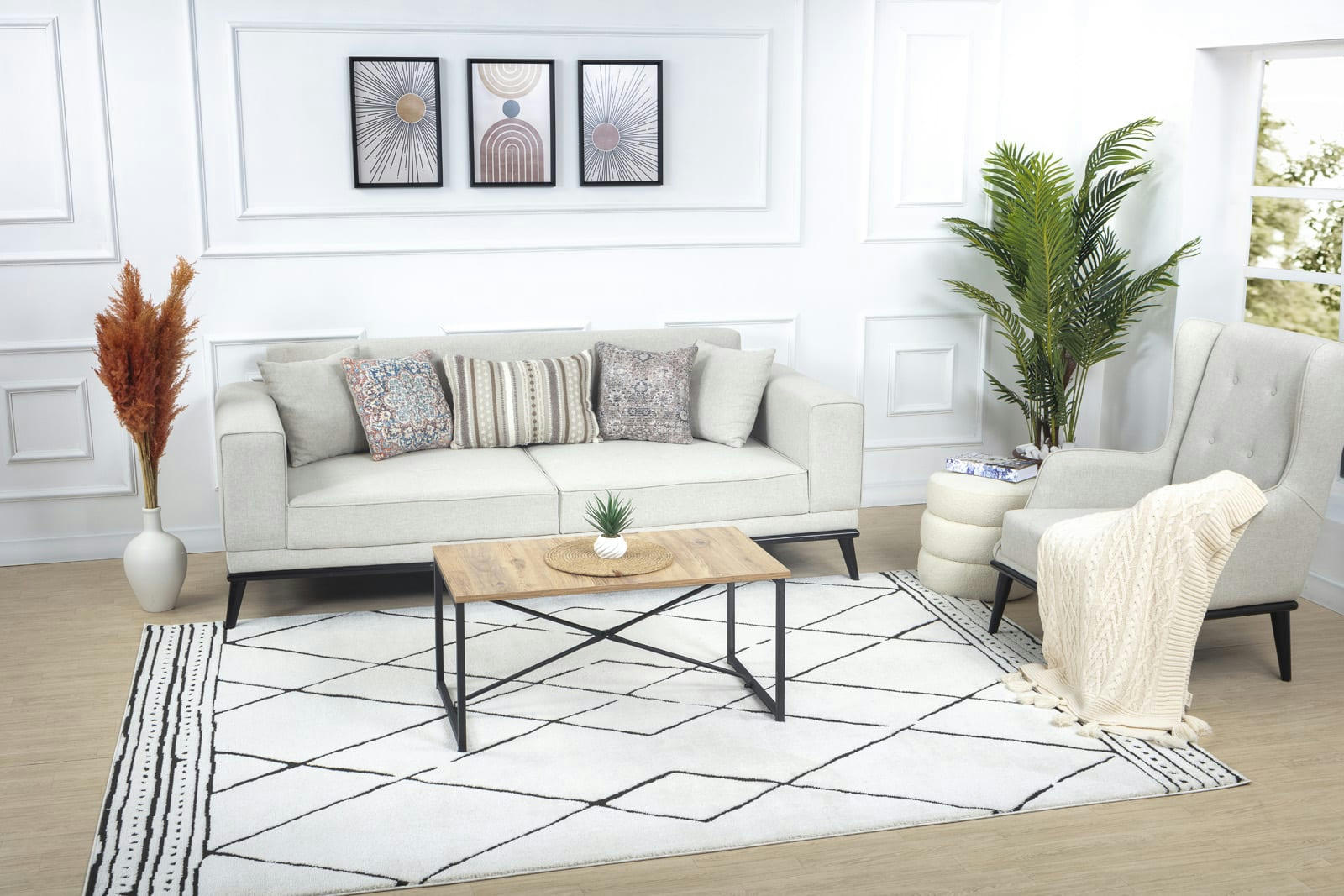 HANNAH - Tapis Berbère Ethnique Ivoire/Noir 200x275