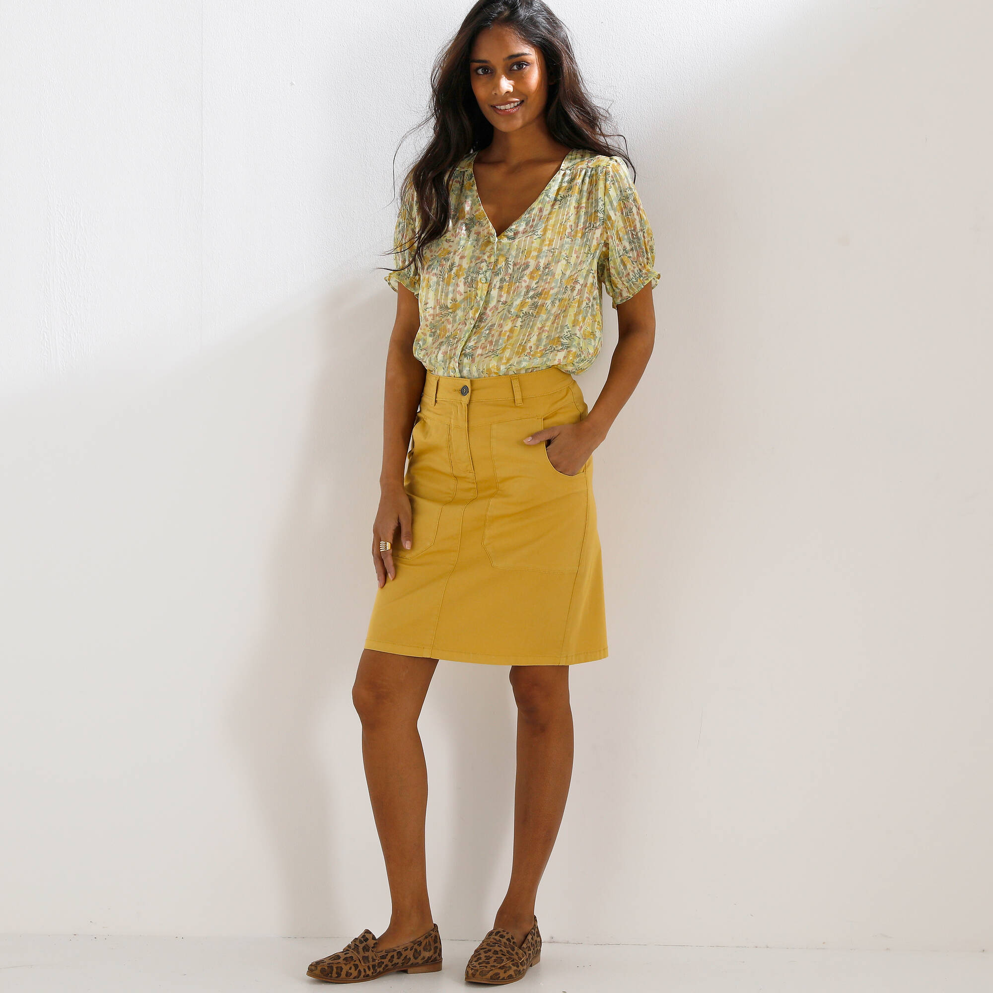 Chemisier boutonné manches blousantes imprimé, voile jacquard