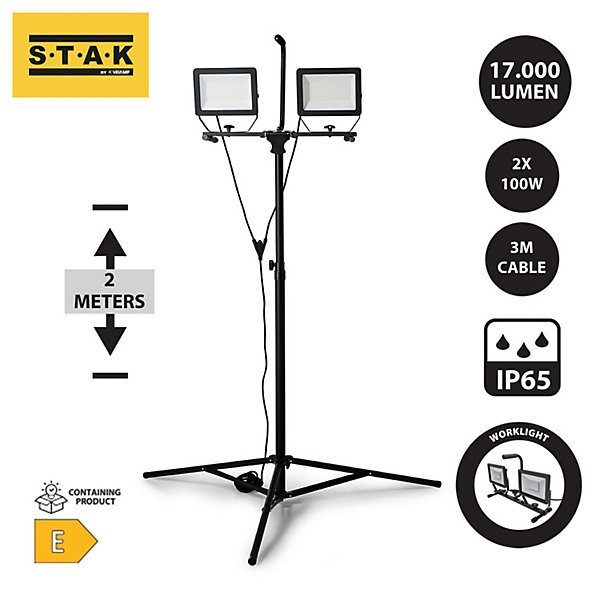 MINOS : 2 Spots LED sur Trépied, 2 x 100W, 17.000 Lumen Câble 3m, IP65 : Noir