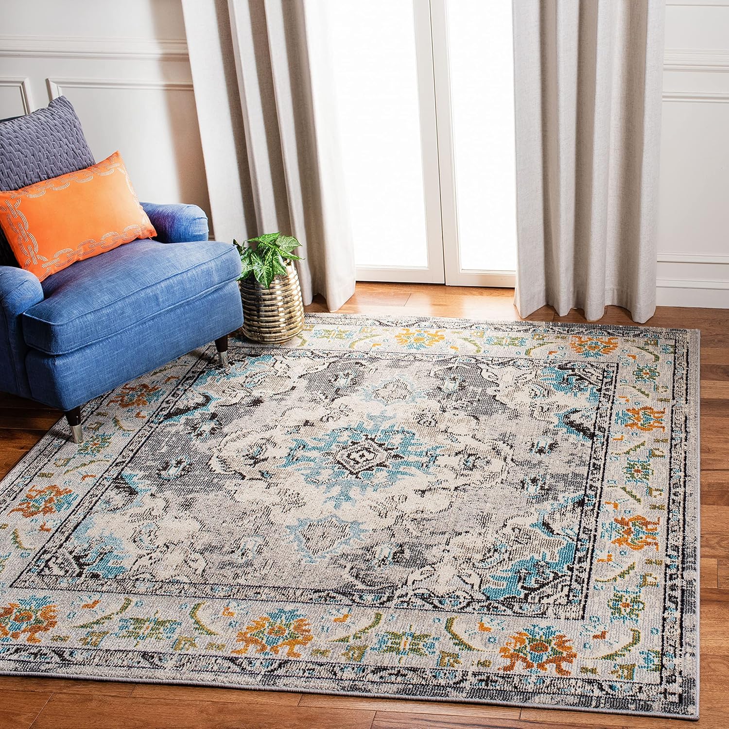 SAFAVIEH Monaco Collection Area Rug - 11' Square, Grey & Light Blue, Non-Shedding & Easy to Clean, Distressed Medallion Design, Ideal for Living Room, Bedroom, Dining Space (MNC243G)