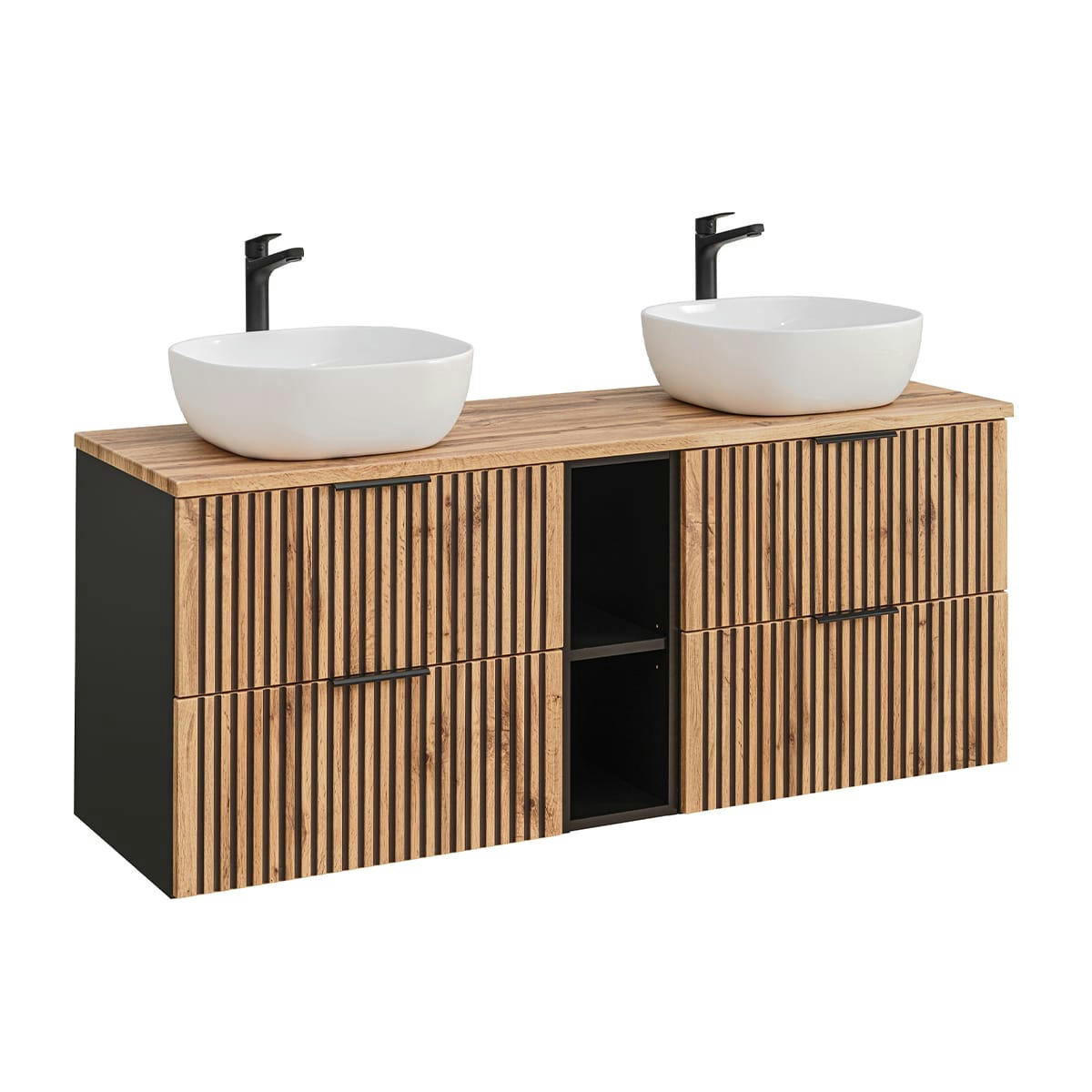 - Meuble double vasque 140cm 2 niches naturel et noir