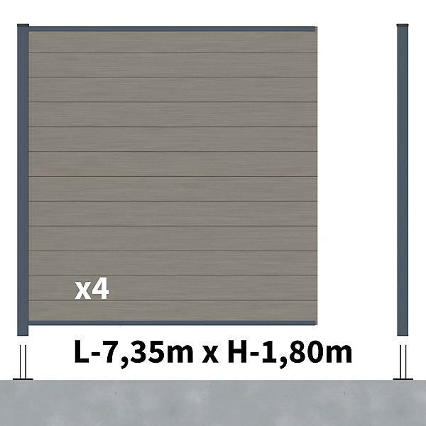 Kit Clôture Composite RIO Platines 7,5x1,8m - Bois composite &Aluminium - Poteaux sur Platines Gris - Brise vue - Palissade