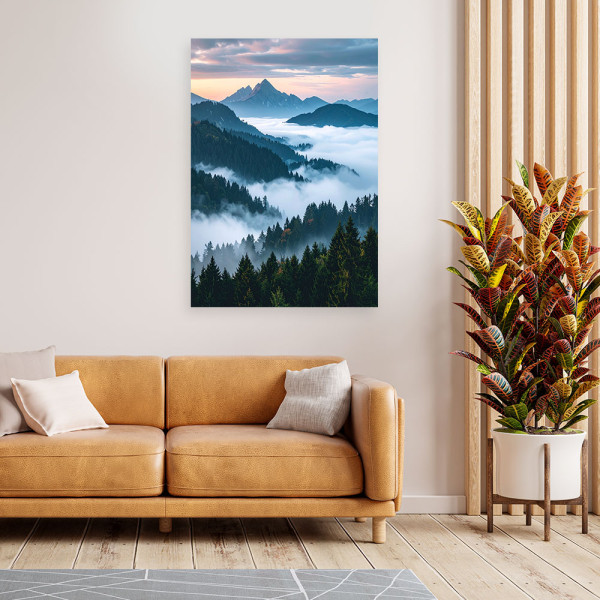 Obraz do salonu sypialni biura, Pejzaż widok góry las mgła natura 20x30