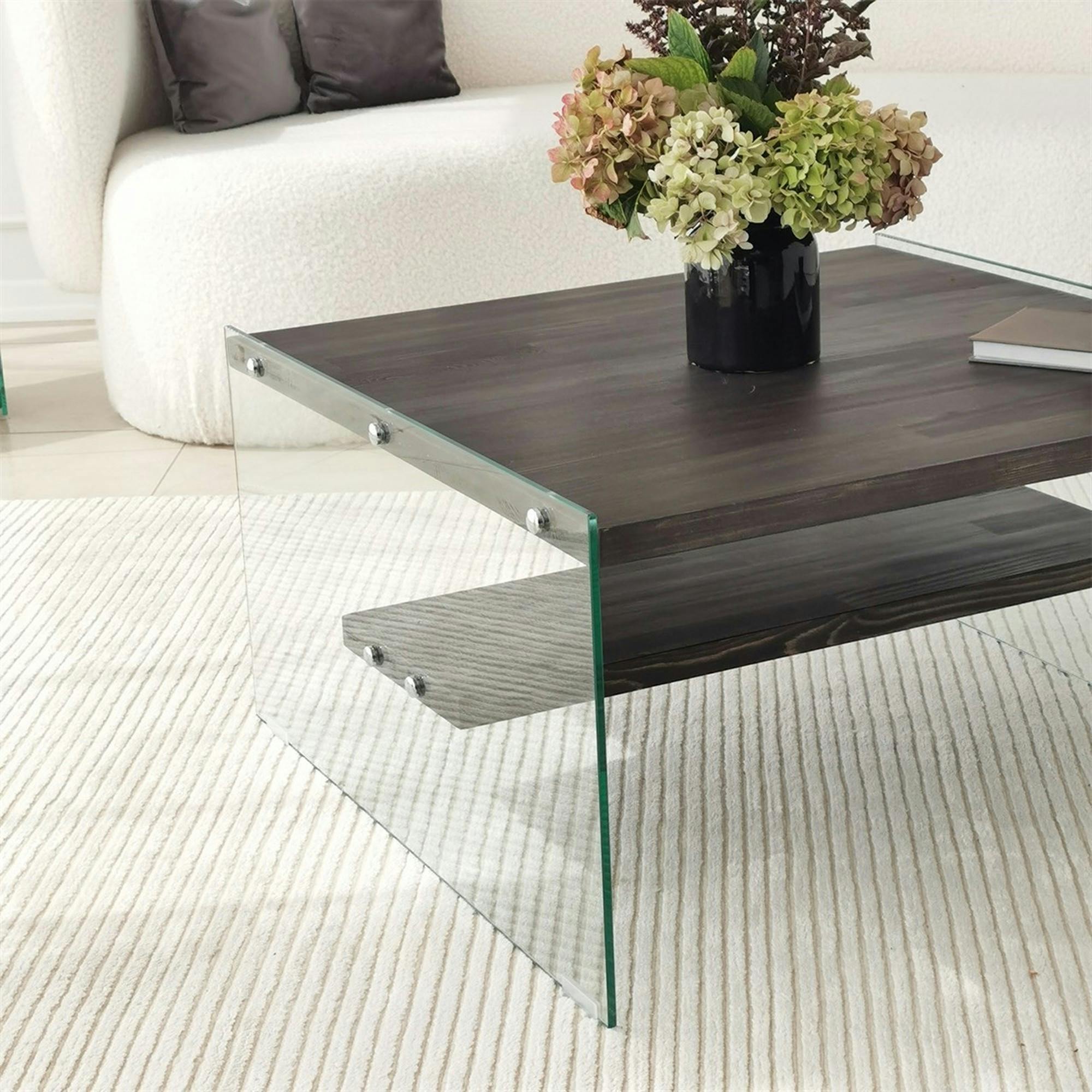 Table basse verre et bois - plateaux gris suspendus, LHASA