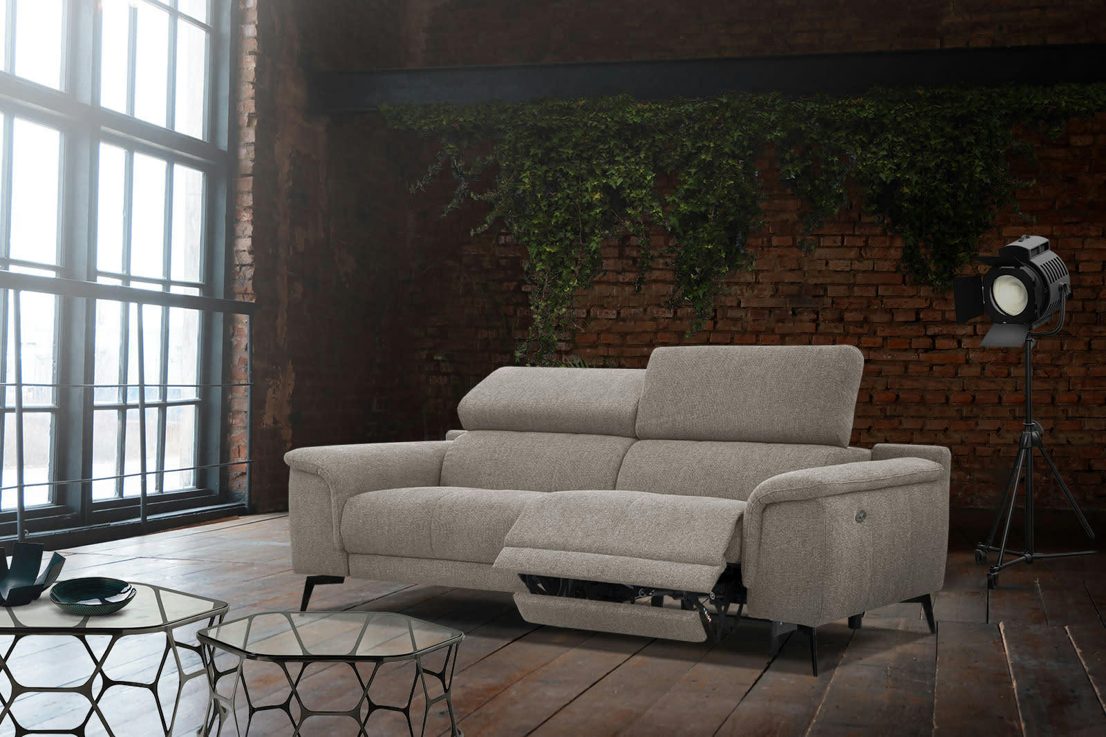 FIERO - Canapé droit 3 places XXL avec relax électrique côté droit tissu taupe