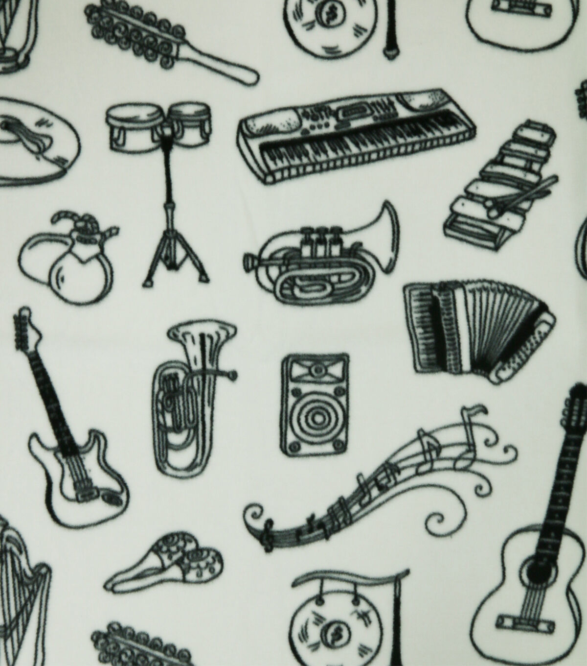 Sketched Instruments on Gray Anti Pill Fleece Fabric
