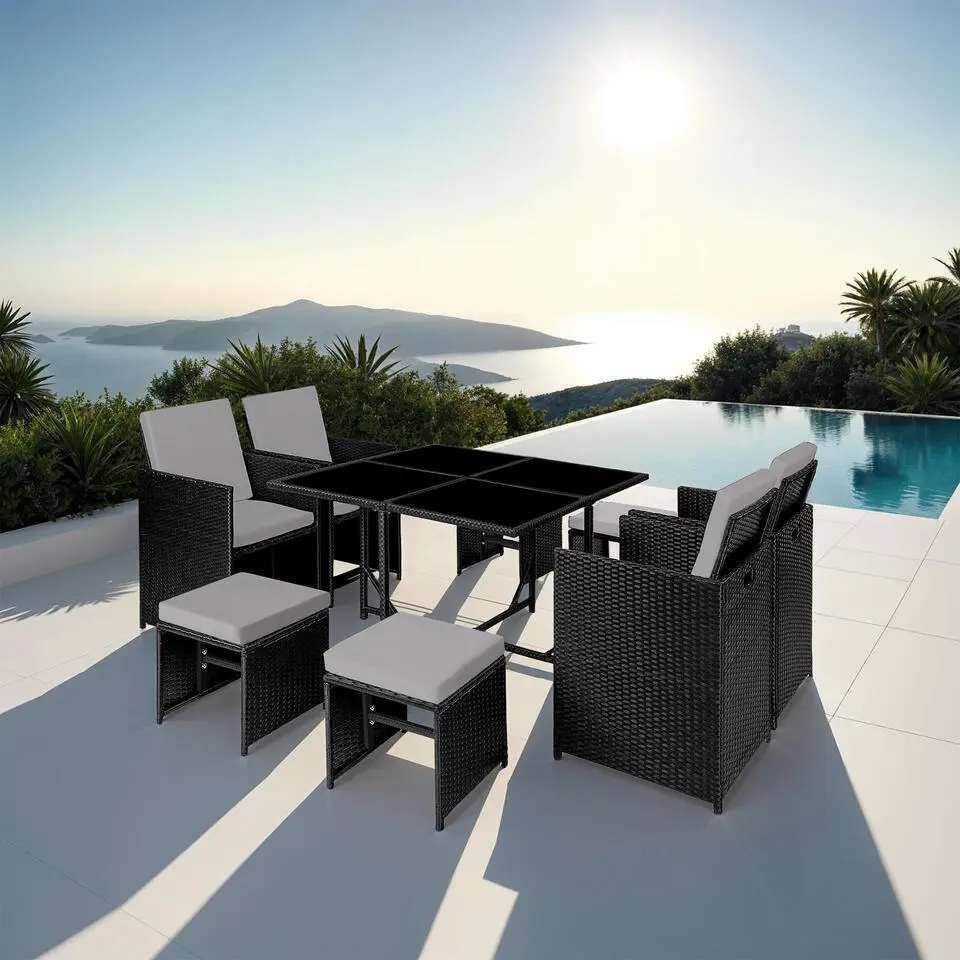 tectake - tuinset Bilbao met beschermhoes - wicker - zwart/grijs