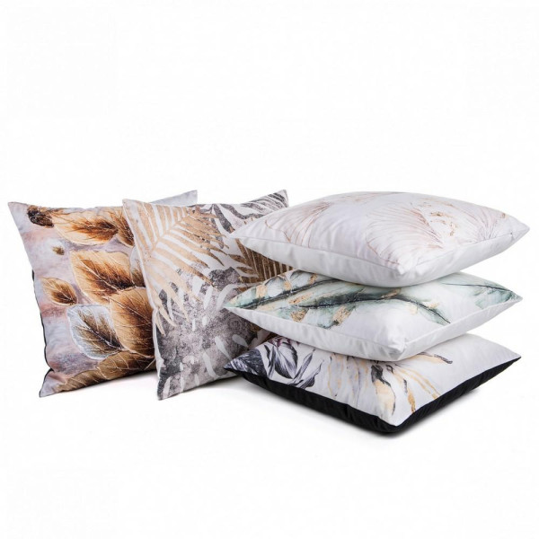 Poszewka 45x45 Velvet 8 kwiaty biała beżowa liście miłorzębu