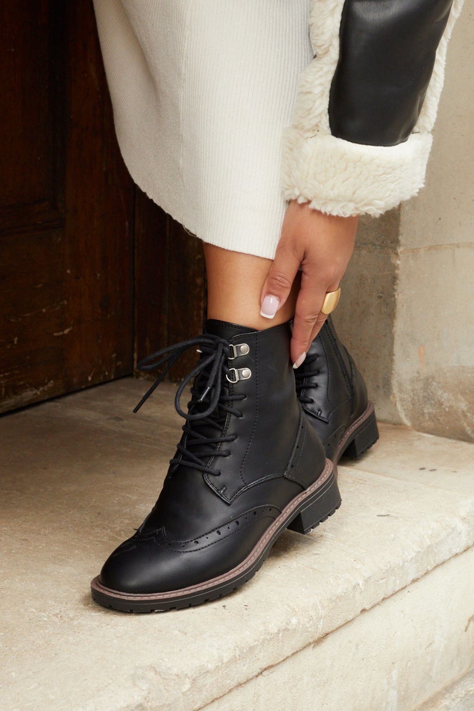 Linzi Ashleigh Black Faux Leather Lace Up Military Boot