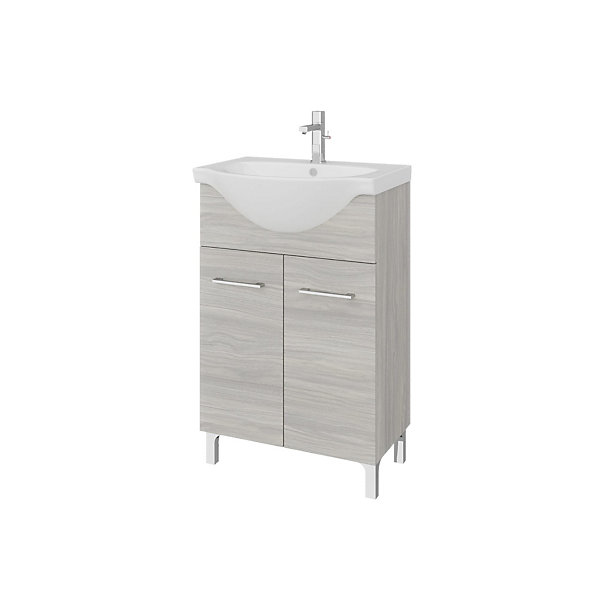 Armoire De Salle De Bain Avec Pieds En Chêne Gris, Complète Avec Lavabo Et Miroir 56Cm