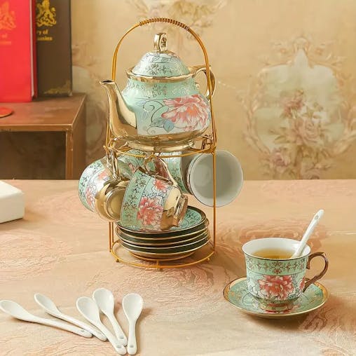 NNETM Green Elegance in Bloom: 20-Piece Ceramic Tea and Coffee Set with Iron Rack