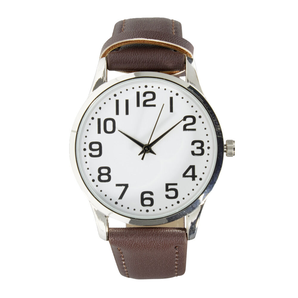 Montre homme cadran rond acier argenté bracelet simili Ø3,5xH23,5cm (2 modèles)