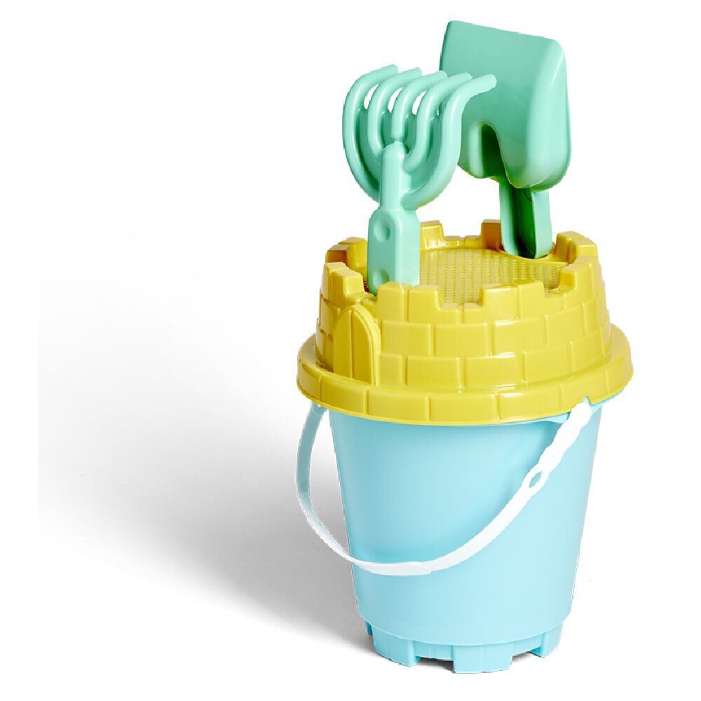Seau de plage avec pelle râteau tamis en plastique vert