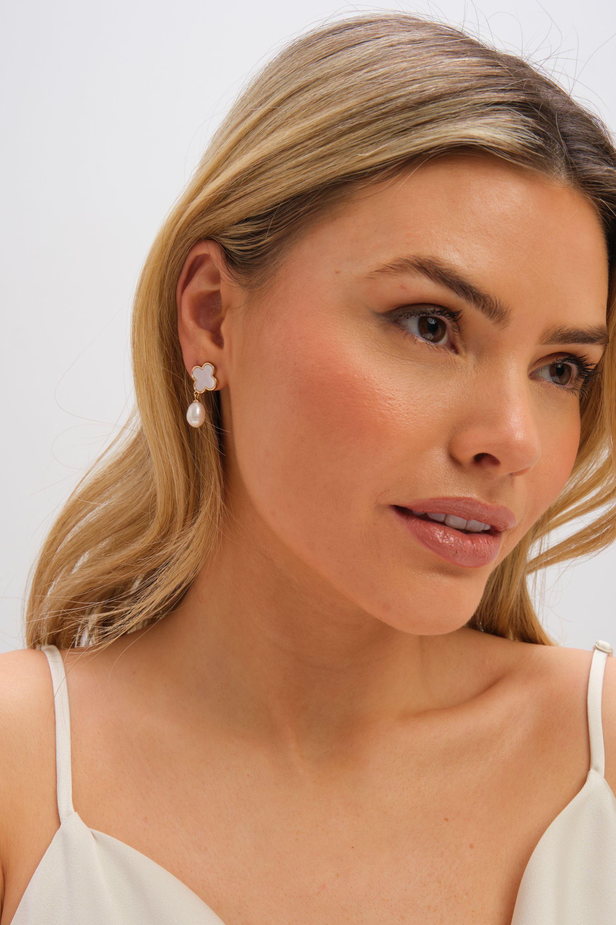 Jon Richard Rhodium Plated Pearl and Mother of Pearl Clover Drop Earrings