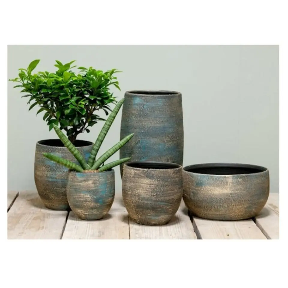 Floran Plantenpot - blauw / goud - keramiek - 14 cm