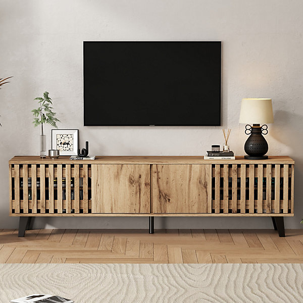 Meubles TV - Meubles de Salon avec 8 Compartiments de Rangement, Bois Naturel et Pieds Noirs, 180x40x55 cm