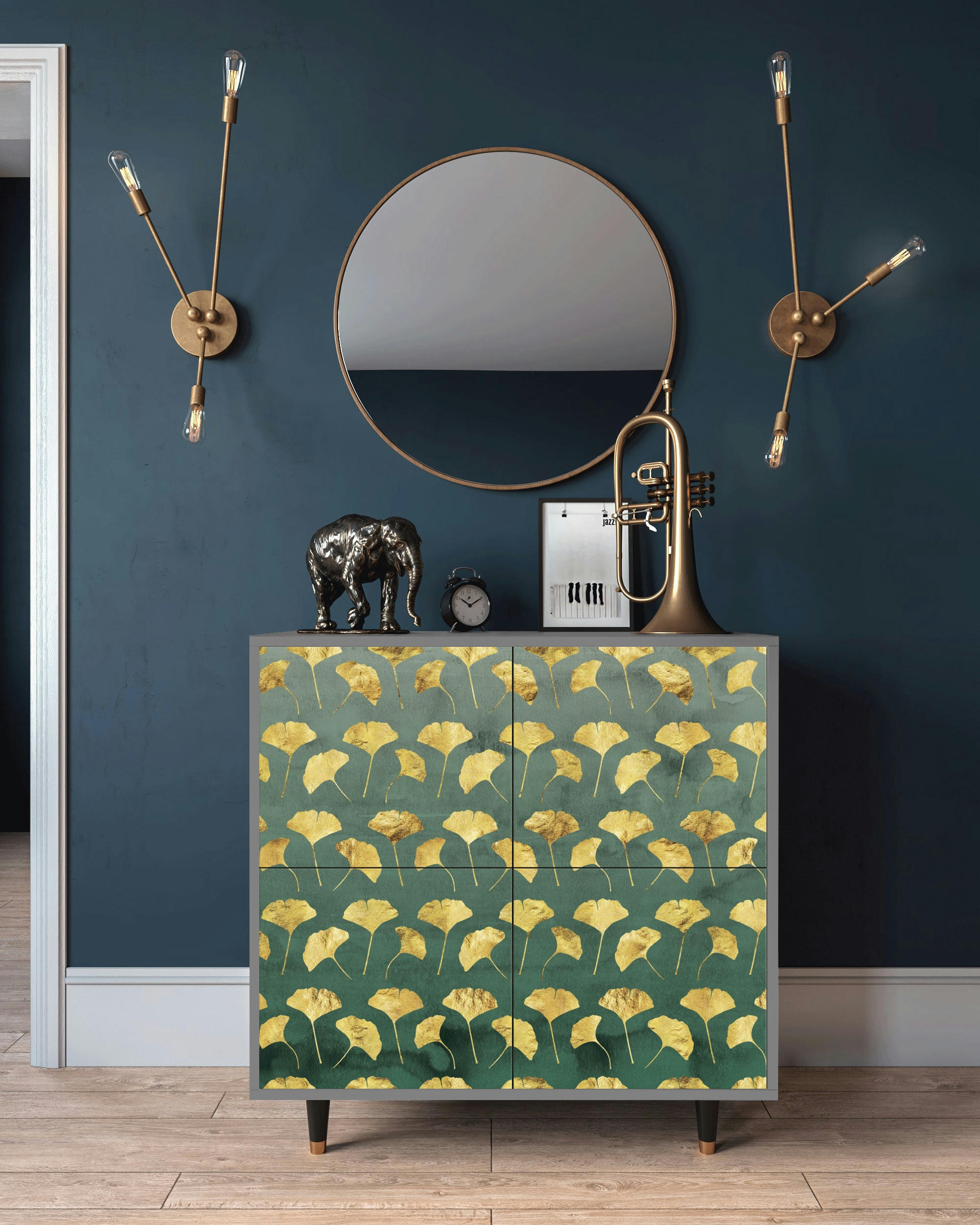 GINGKO LEAVES - Buffet  vert et jaune 4 portes L 94 cm