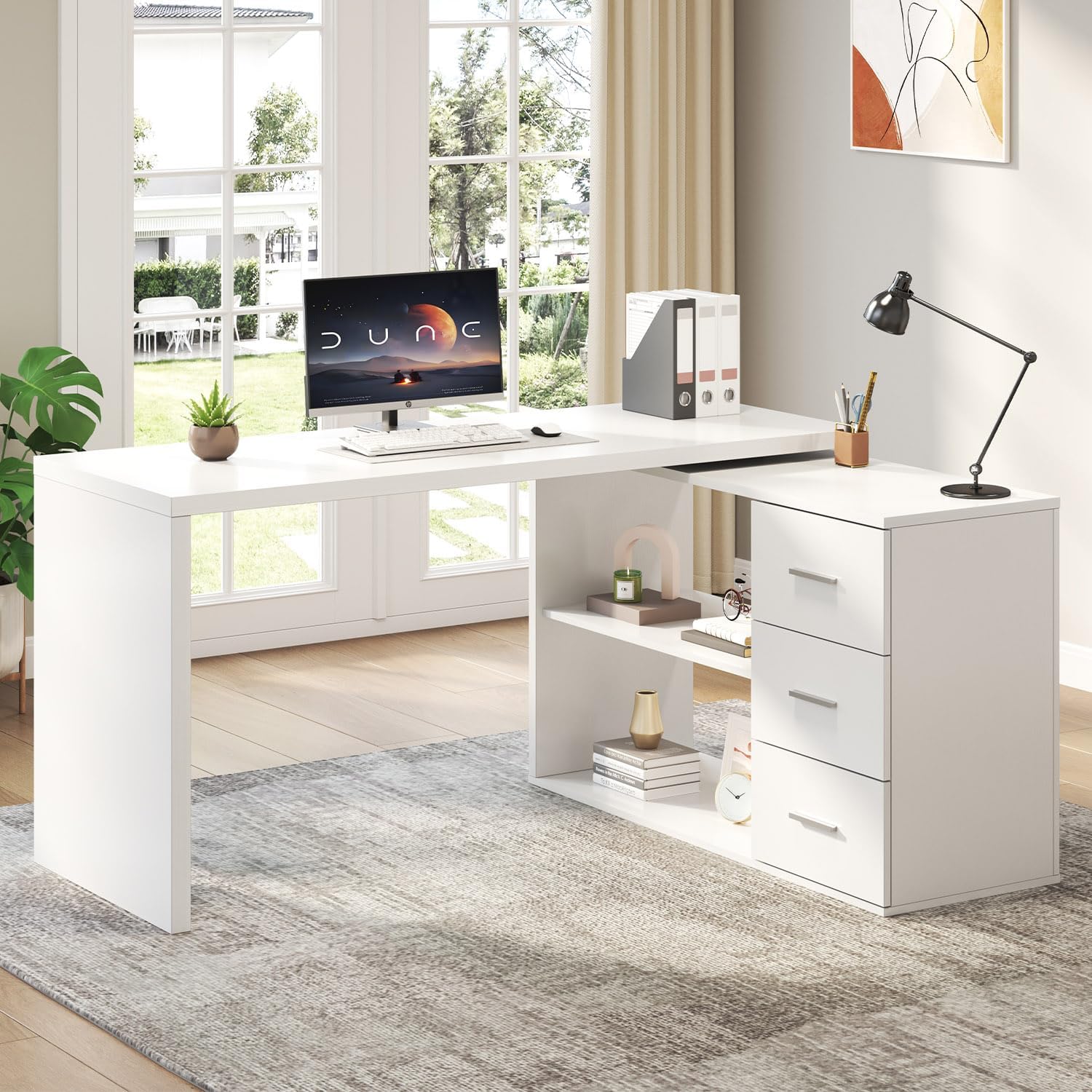 HSH White L Shaped Desk with Drawers Shelves, 360 Rotating Office Computer Desk with Storage Cabinet, Corner Home Office Desk Computer Table，55 Inch