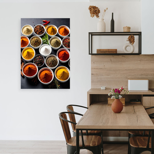 Obraz do kuchni, Miski z przyprawami i ziołami 20x30