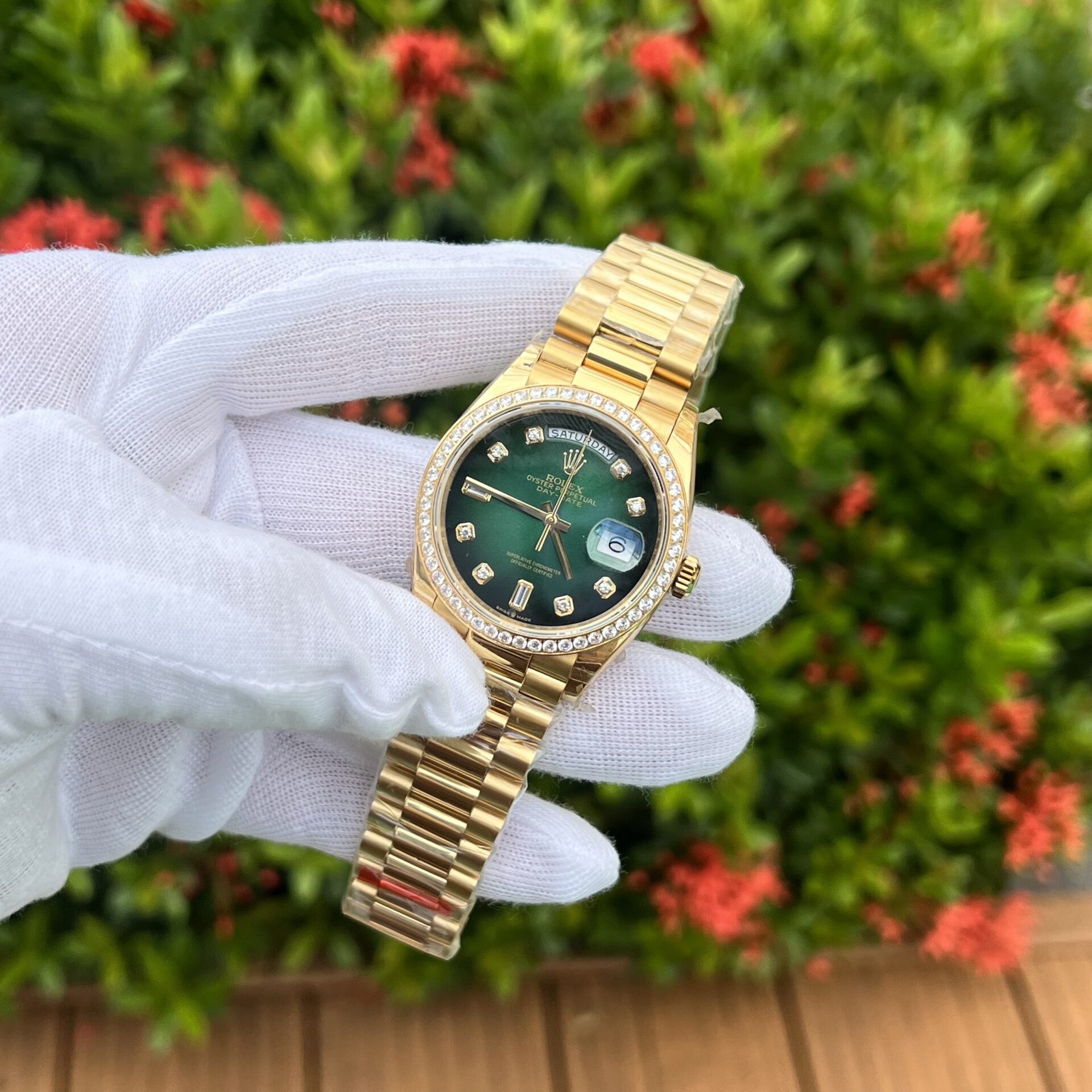 Rolex Day-Date 128348RBR YG Plated Ombre Green Dial CZ Diamonds 36mm EWF Replica