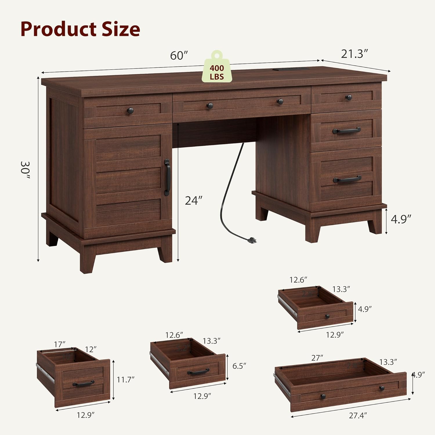 GarveeHome Executive Desk with File Drawers, Farmhouse Home Office Desk with Charging Station, 60 in Wooden Computer Desk with Cabinet Storage for Work Study Writing, Walunt Brown