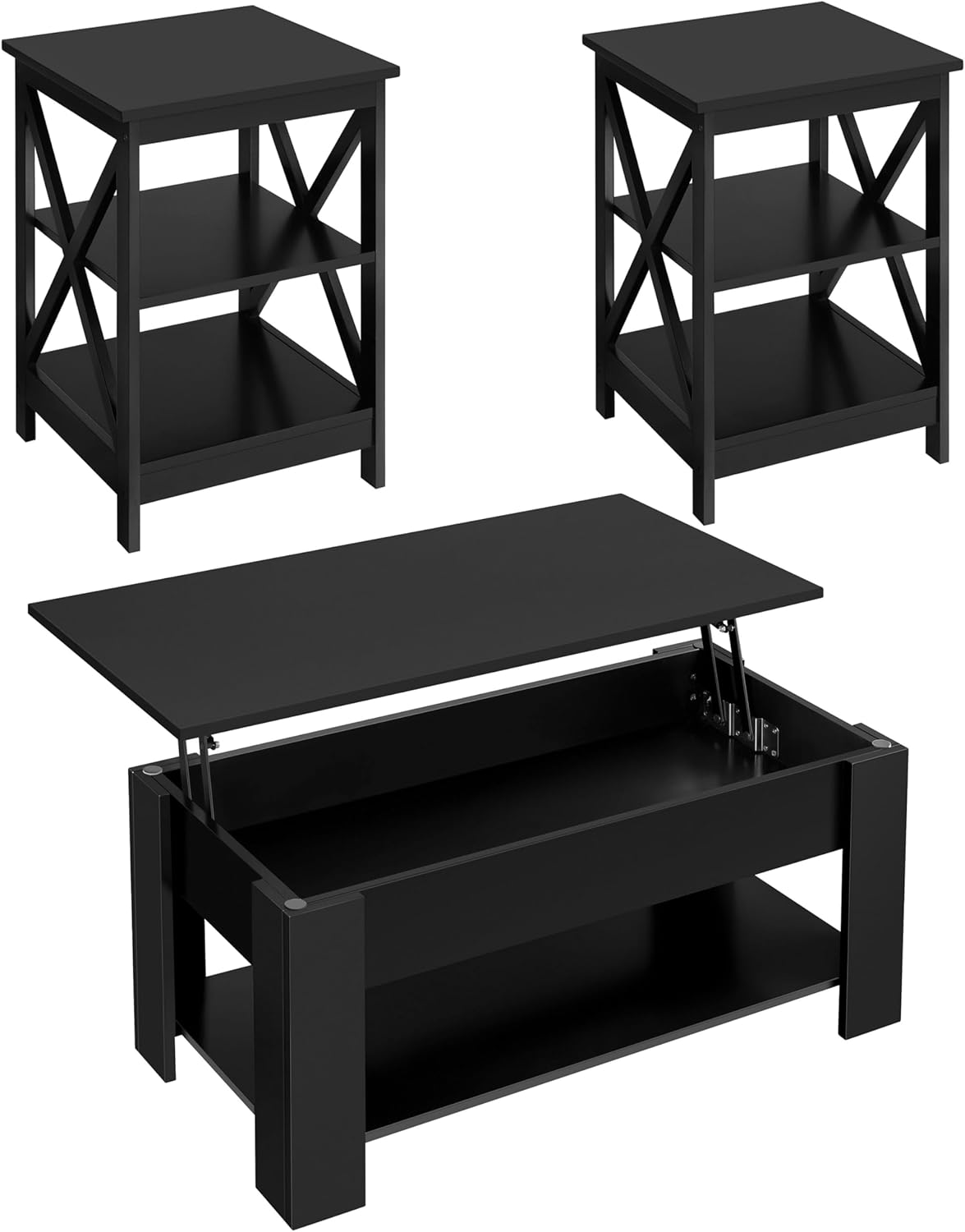 Yaheetech Modern Living Room 3 Pieces Table Sets, Lift Top Coffee Table and End Table Sets for Home and Office, Easy Assembly Accent Furniture with Hidden Compartment and Open Storage Shelf, Black