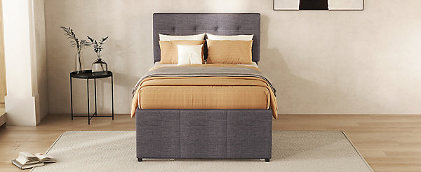 Lit Polster 90x200cm, Lit Familial, Tiroirs, Lit Escamotable, Tête Réglable, Gris