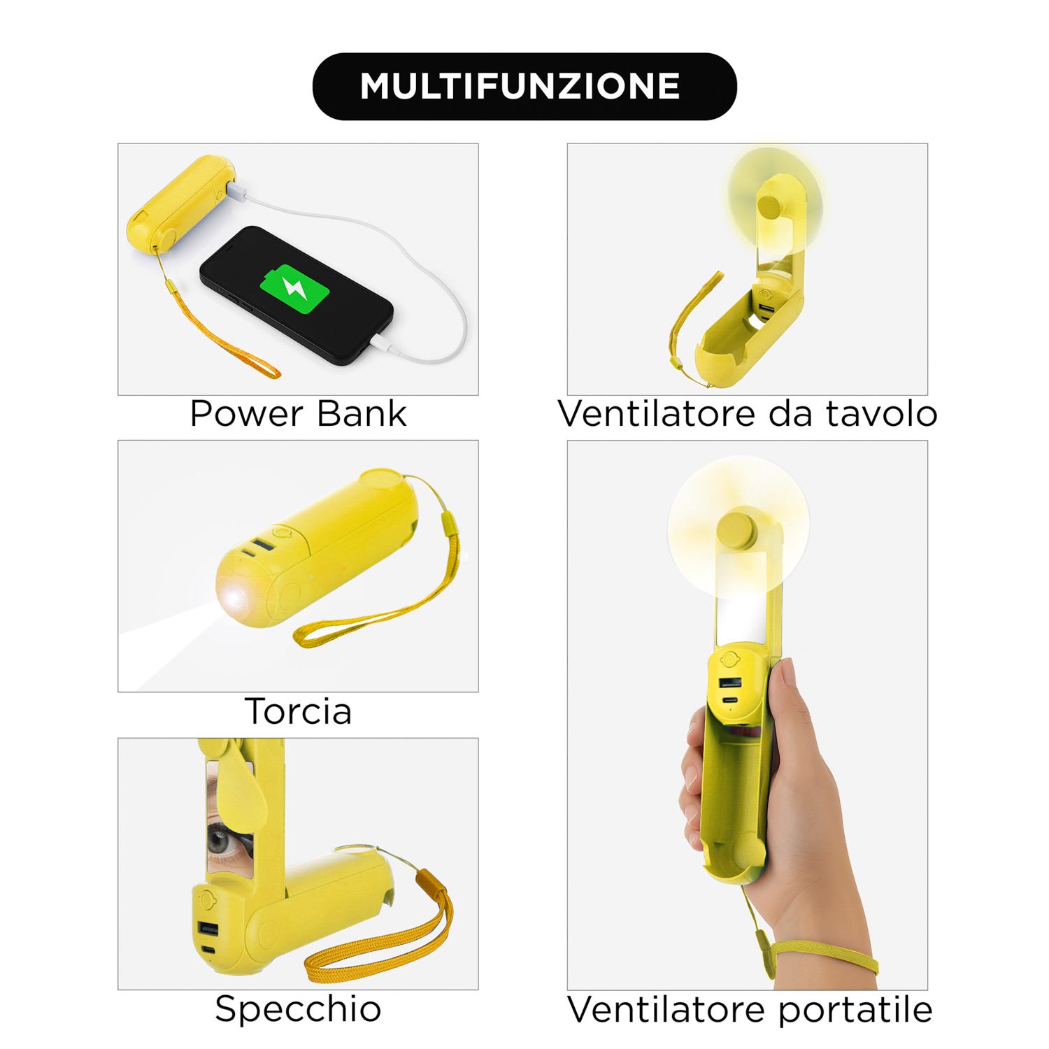 Miniventilatore giallo con specchio, power bank e torcia