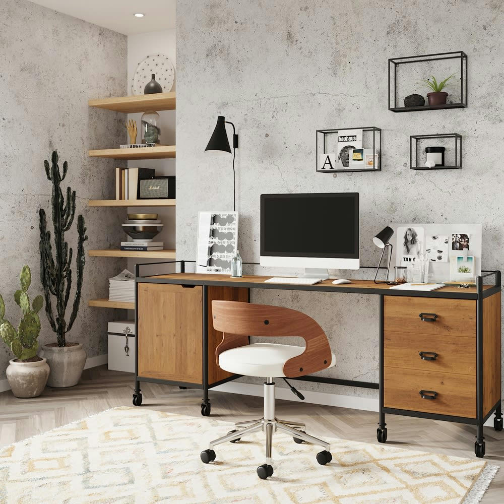 LOUIS - Chaise de bureau pivotante en bois et PU blanc