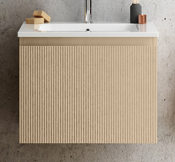 Meuble vasque suspendu plaqué chêne clair strié l.60 cm   plan vasque blanc brillant résine, Pura