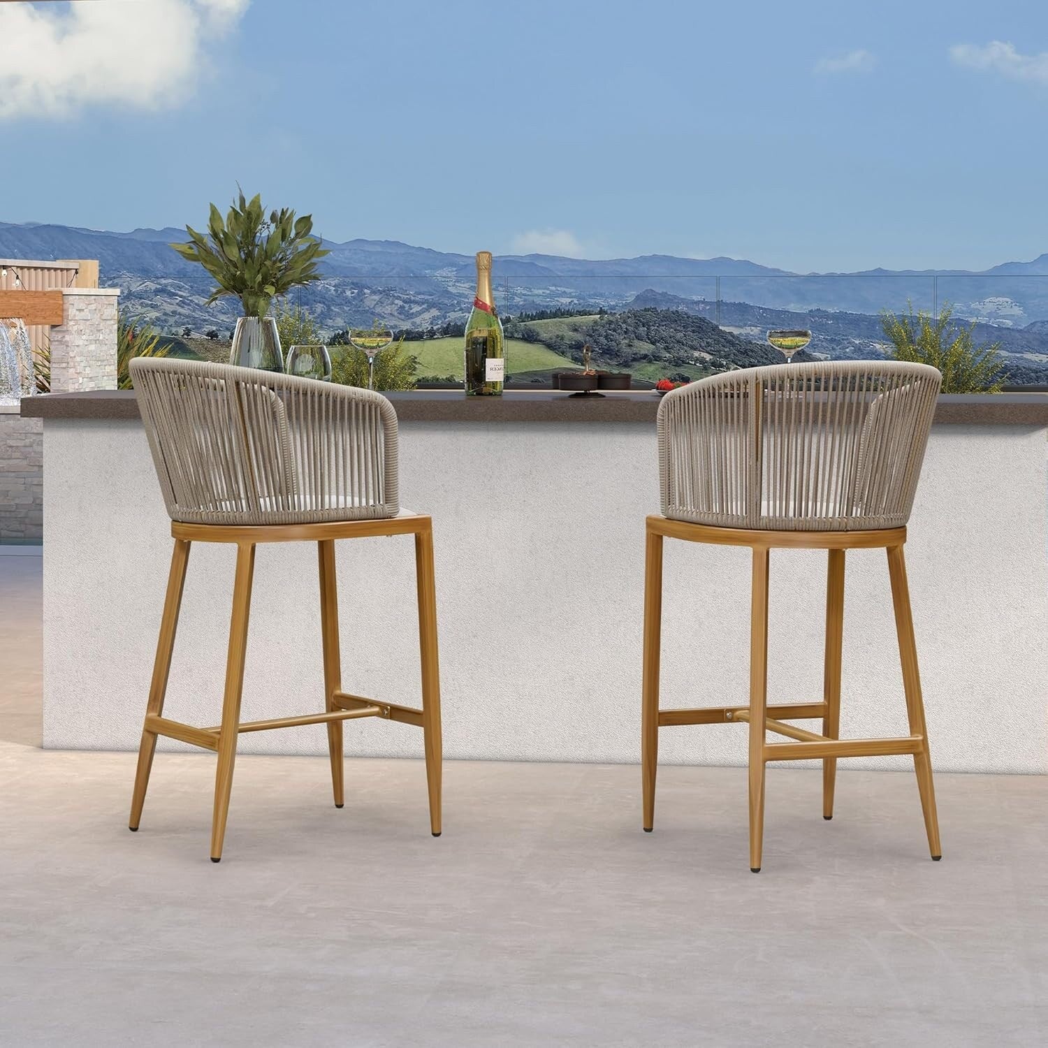 PURPLE LEAF Outdoor Bar Stools Chair Set of 2, All Weather Rattan and Aluminum Patio Bar Stool with Cushion